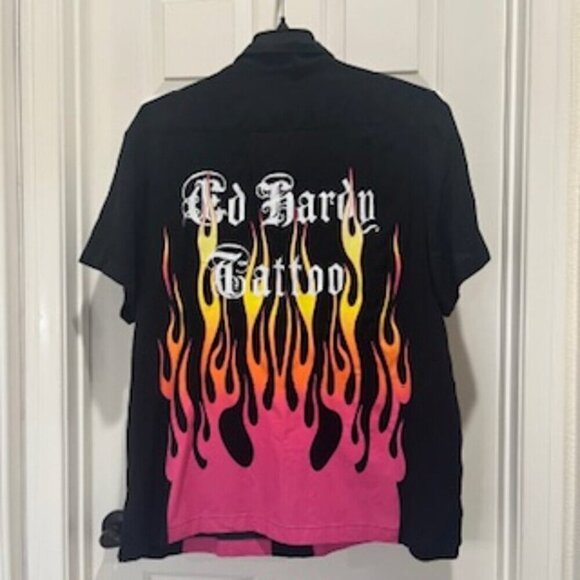 NEW Ed‎ Hardy Tattoo Black Button up Camp Shirt Men's xL Flames Button Up… - Picture 9 of 12